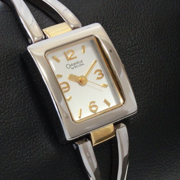Caravelle Ladies Silver Tone With Gold Accents ½ Bangle Bracelet MOP Dial 16mm - Picture 5 of 15